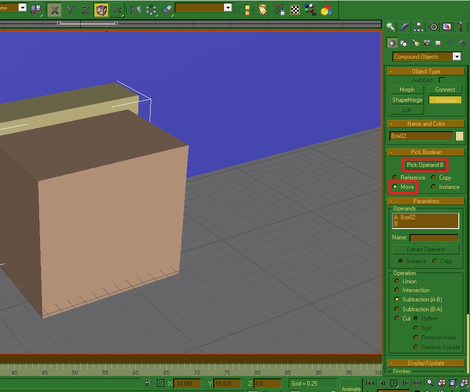 Boolean tool options set to Move and Pick Operand B